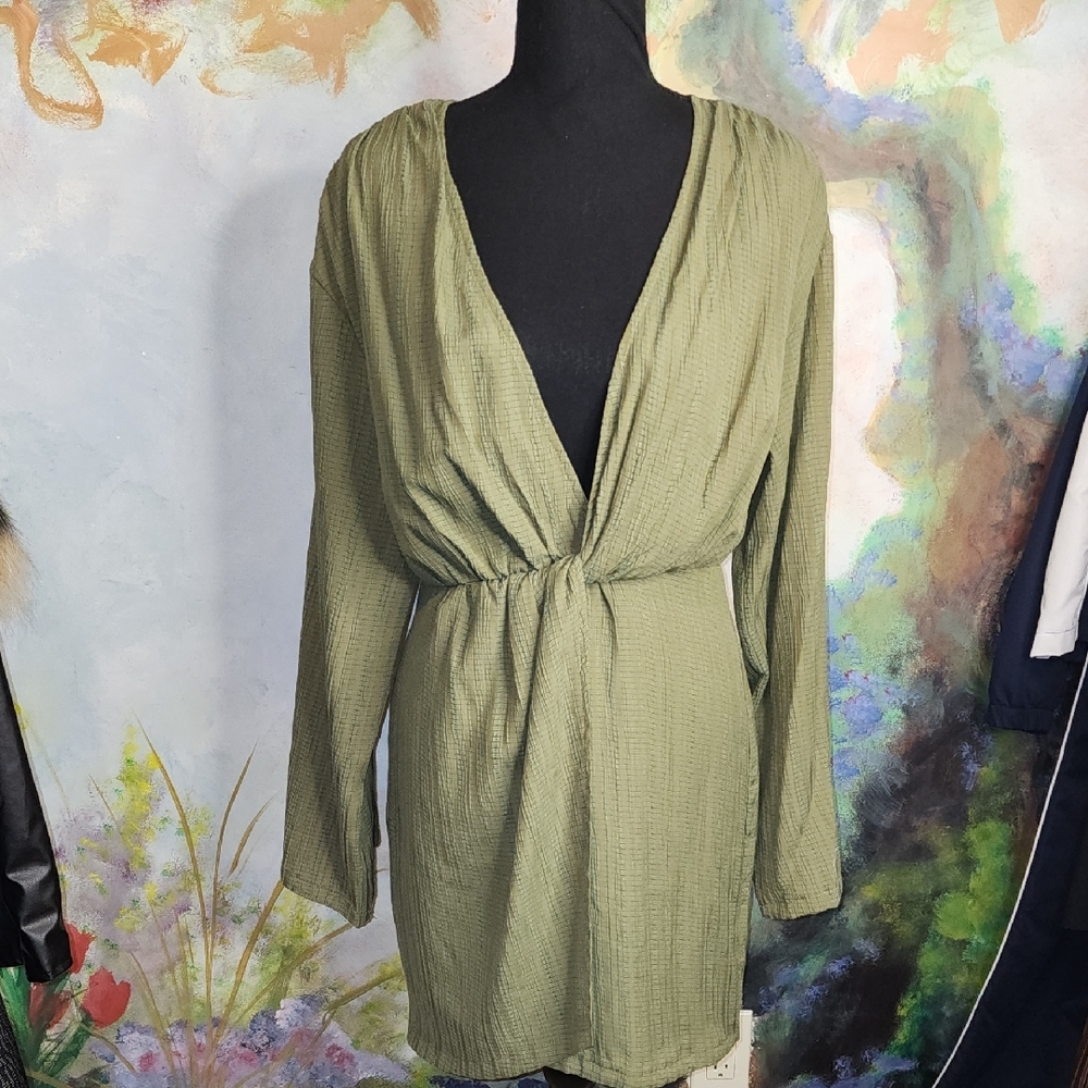 PrettyLittleThing Olive Green Twist Mini Dress